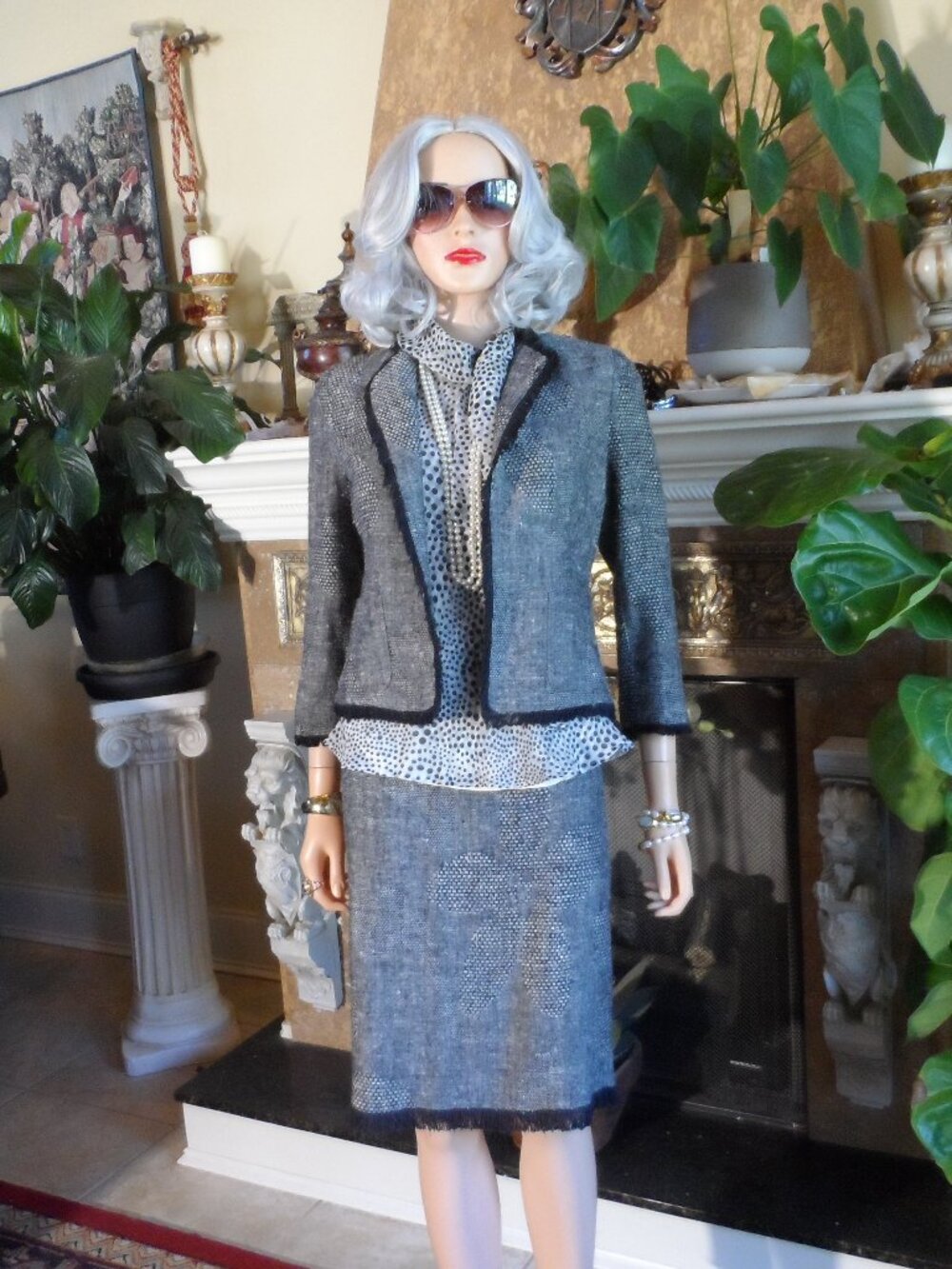 Agnona Black & White Silk Woven 3-Piece Floral Skirt Suit IT 42